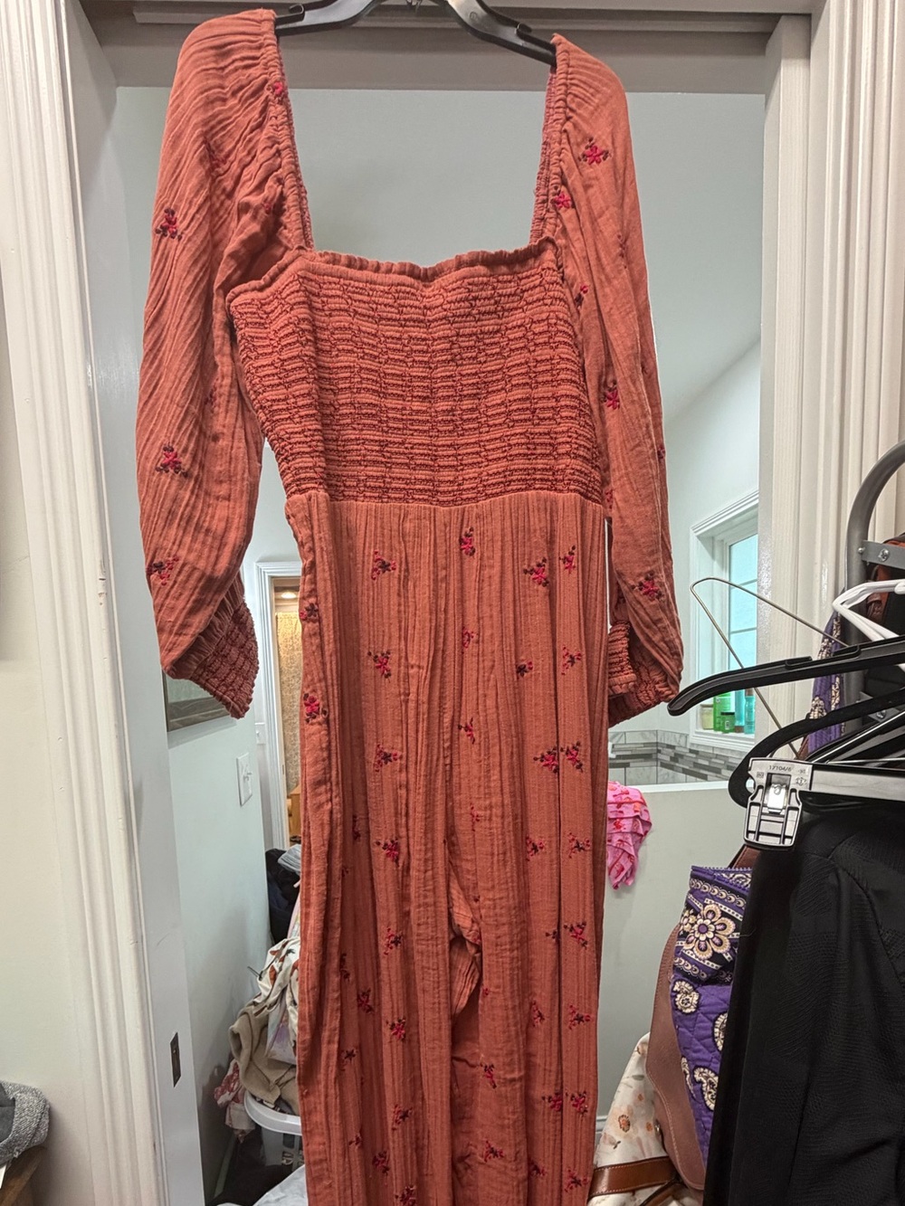 Free People Rust Floral Smocked Jumpsuit with Long Sleeves - Picture 1 of 3